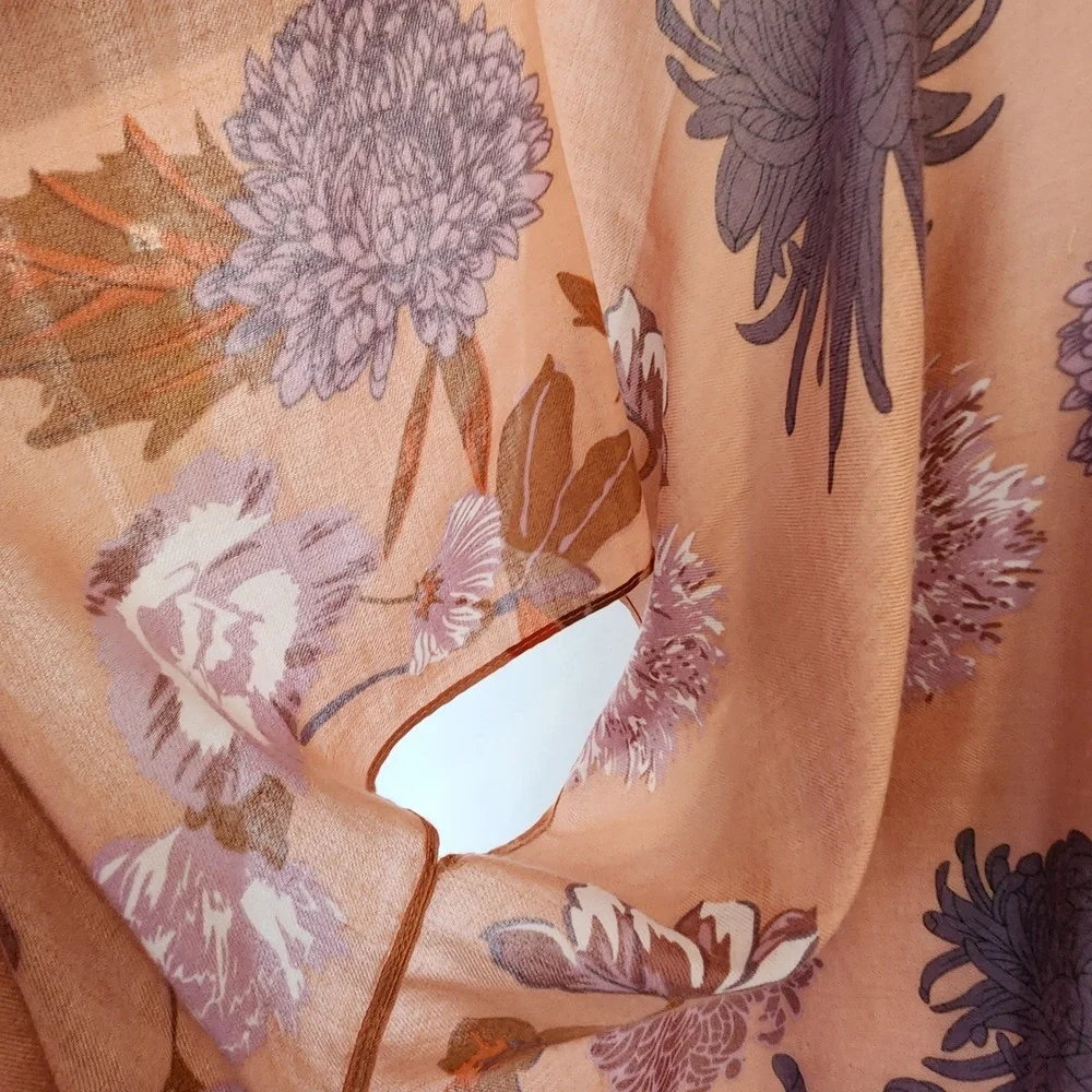 Floral‎ Kimono Wrap Terracotta Orange Purple Botanical Print Chiffon Shrug OS